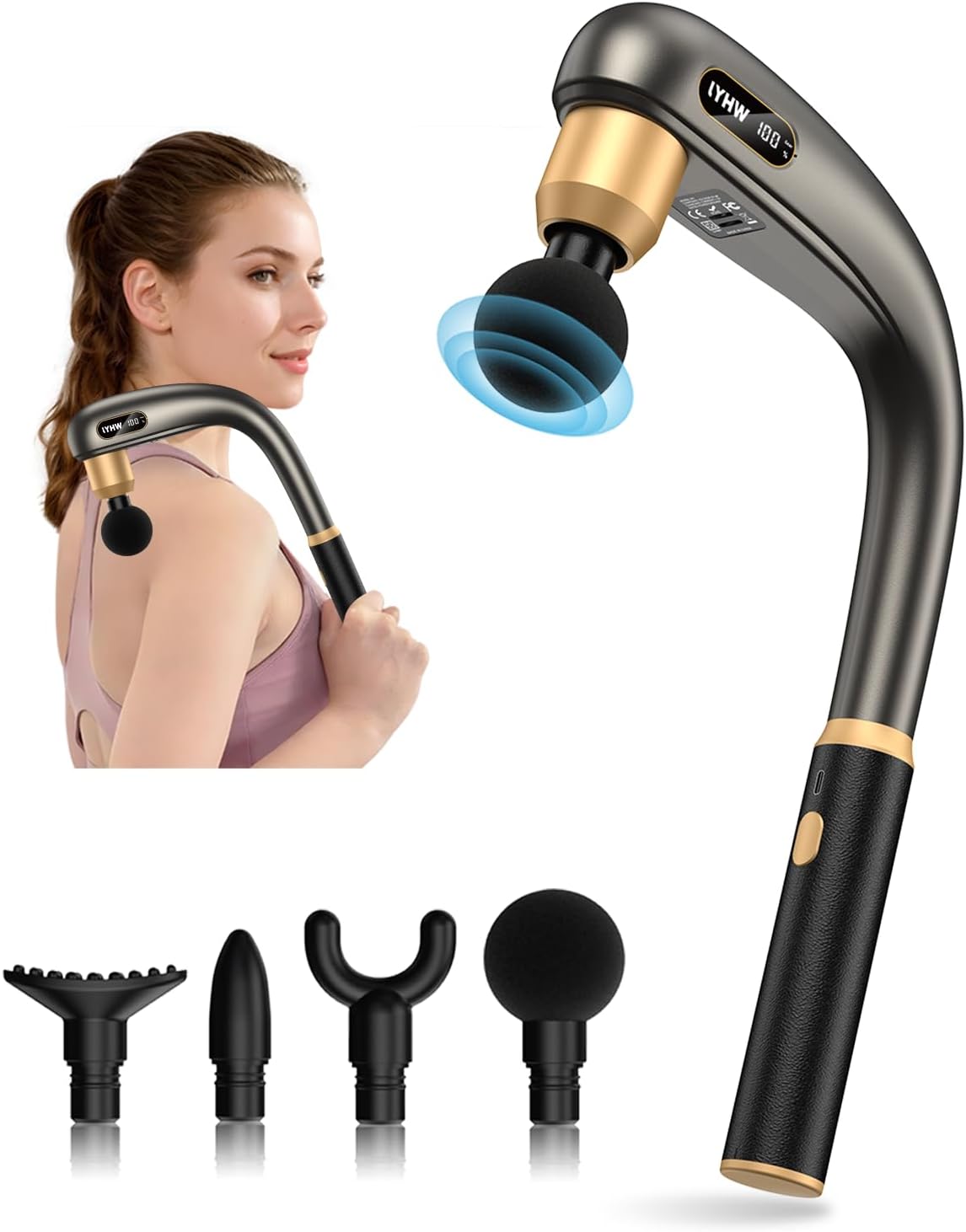 Massage Gun Deep Tissue with Extended Handle, 12MM Handheld Electric Back Muscle Massager for Pain Relief, Quiet Percussion Massage Gun with LED Screen & 4 Massage Heads, 3 Modes & 5 Speed Levels